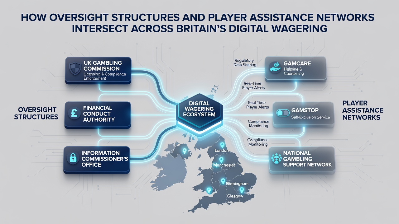 Diagram depicting data flows between regulatory oversight systems and player assistance organizations in the British digital wagering sector